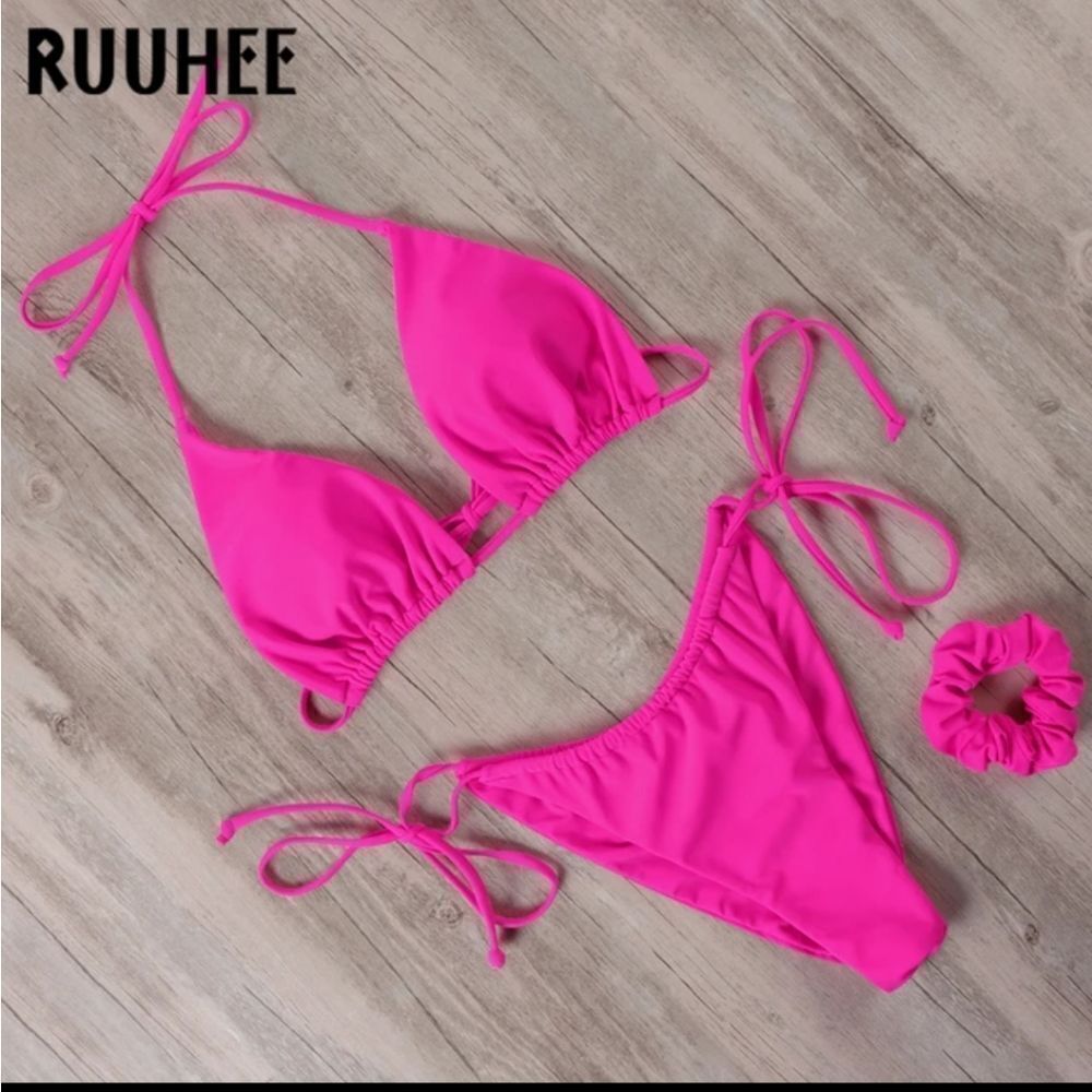 Moshengqi Bright Pink Adjustable Tie Bikini Triangle Top Ruched Bottom Size S